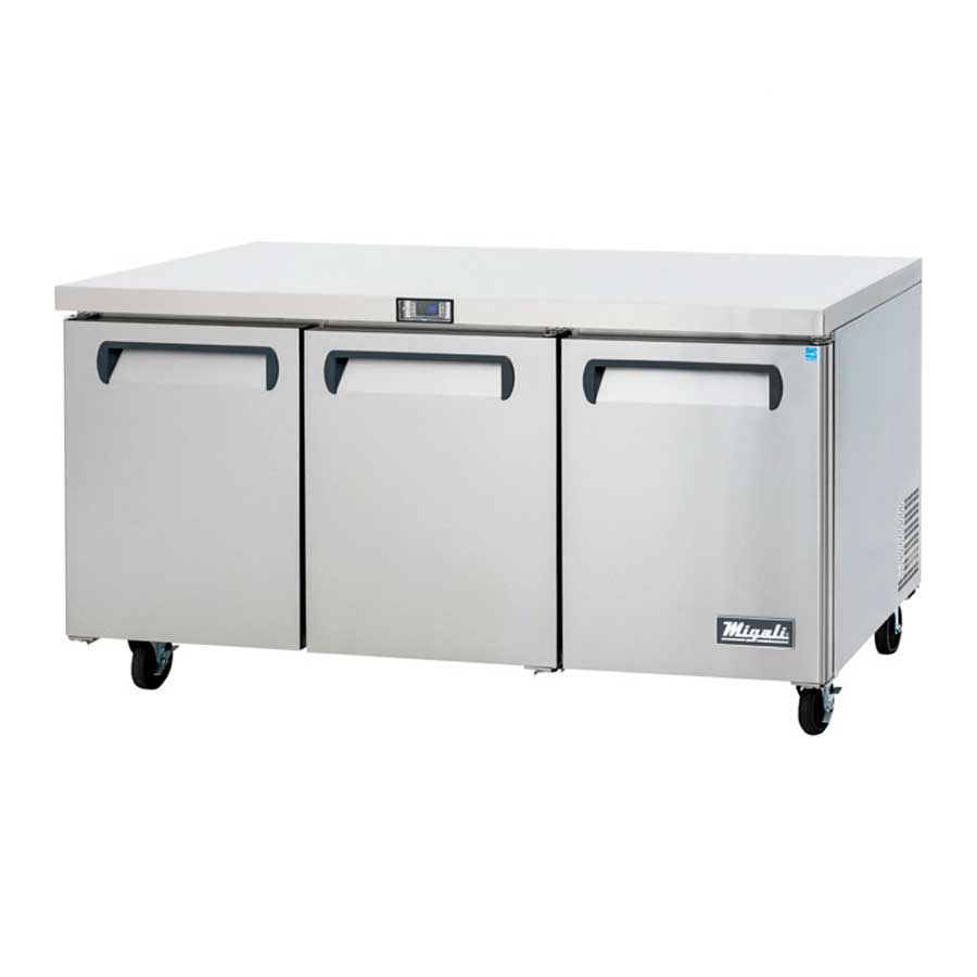 Migali Stainless Steel 3 Door Under Counter And Work Top Refrigerator With 3 Adjustable Shelves, 72.7 Inch Width X 30 Inch Depth X 37.25 Inch Height