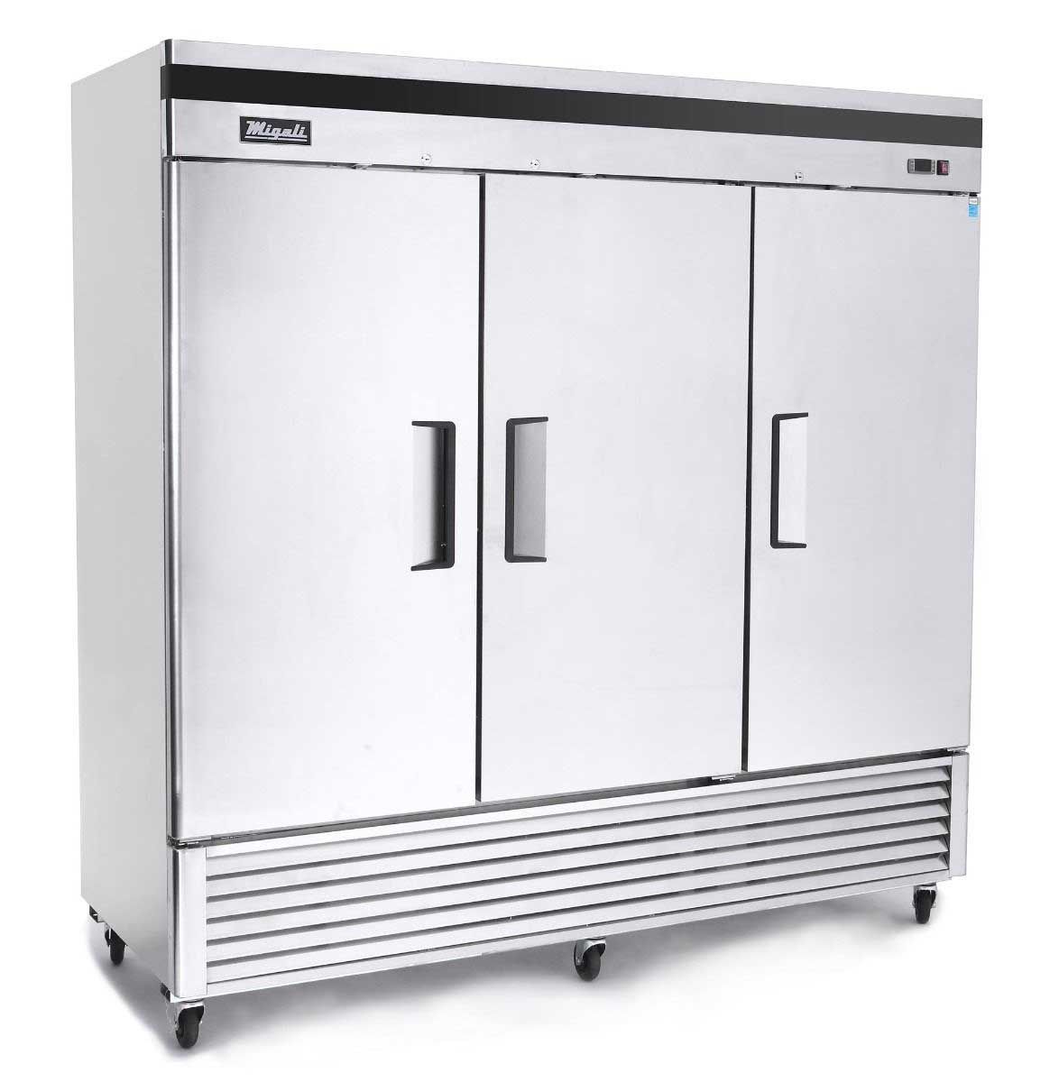 Migali Stainless Steel 3 Door Reach-in Freezer With 9 Adjustable Shelves, 81.9 Inch Width X 31.5 Inch Depth X 83.2 Inch Height