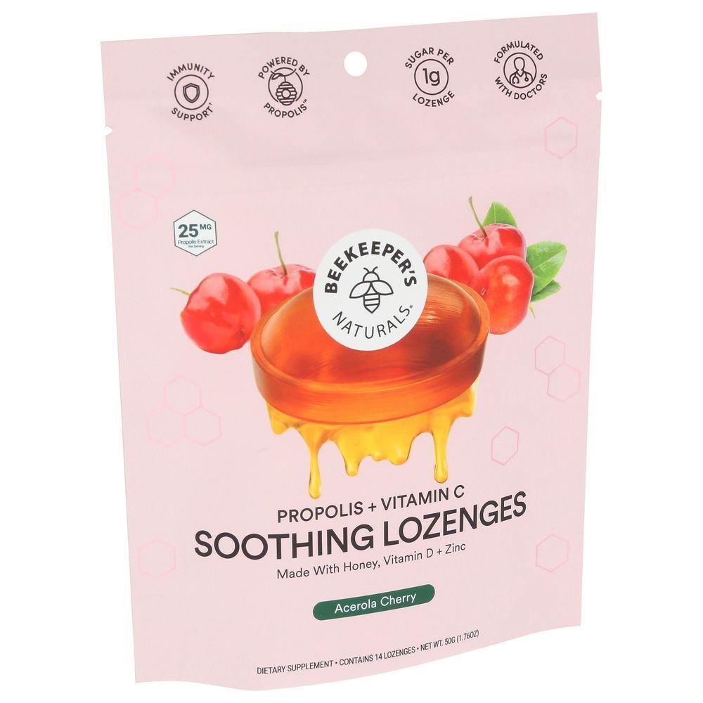Beekeepers Naturals Acerola Cherry Propolis Plus Vitamin C Soothing Lozenges, 14 Count