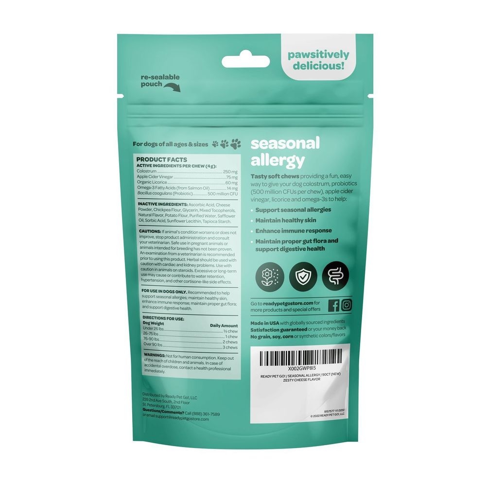 Ready Pet Go Zesty Cheese Seasonal Allergy Soft Chews for All Aged Dogs, 60 count