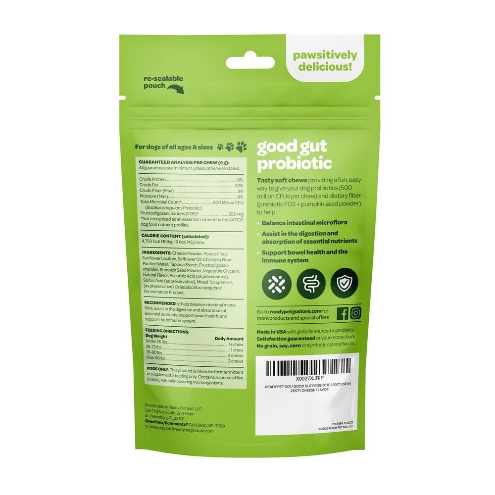 Ready Pet Go Zesty Cheese Good Gut Probiotic Soft Chews For All Aged Dogs, 60 Count