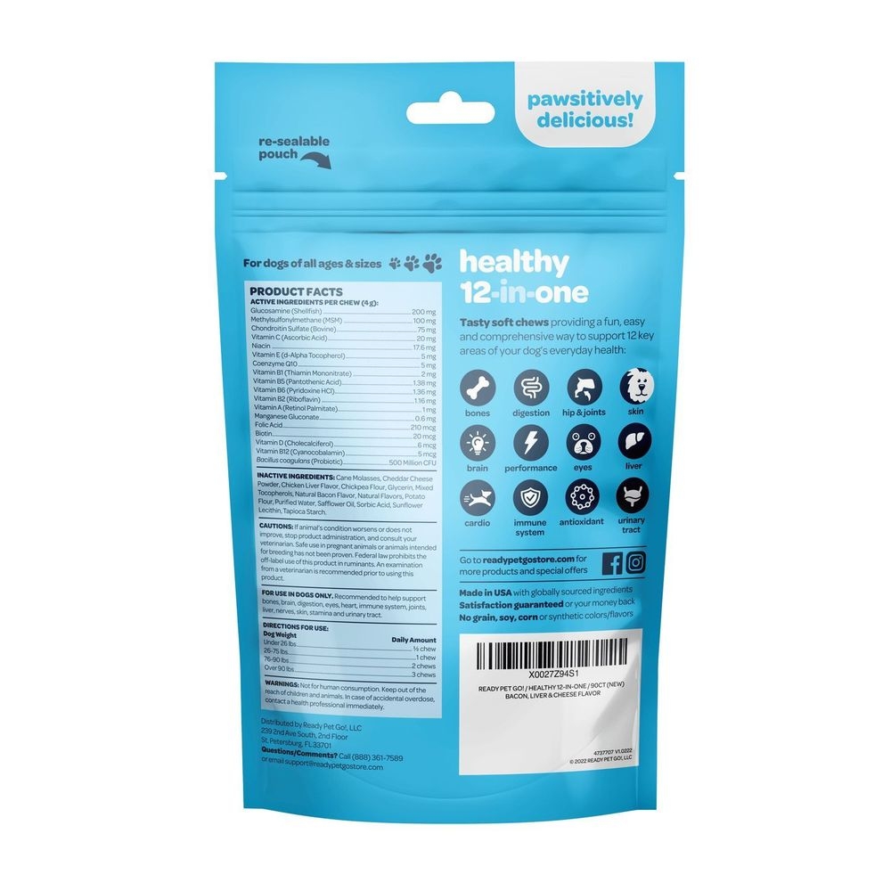 Ready Pet Go Bacon Liver and Cheese Healthy 12 in One Soft Chews for All Aged Dogs, 60 count