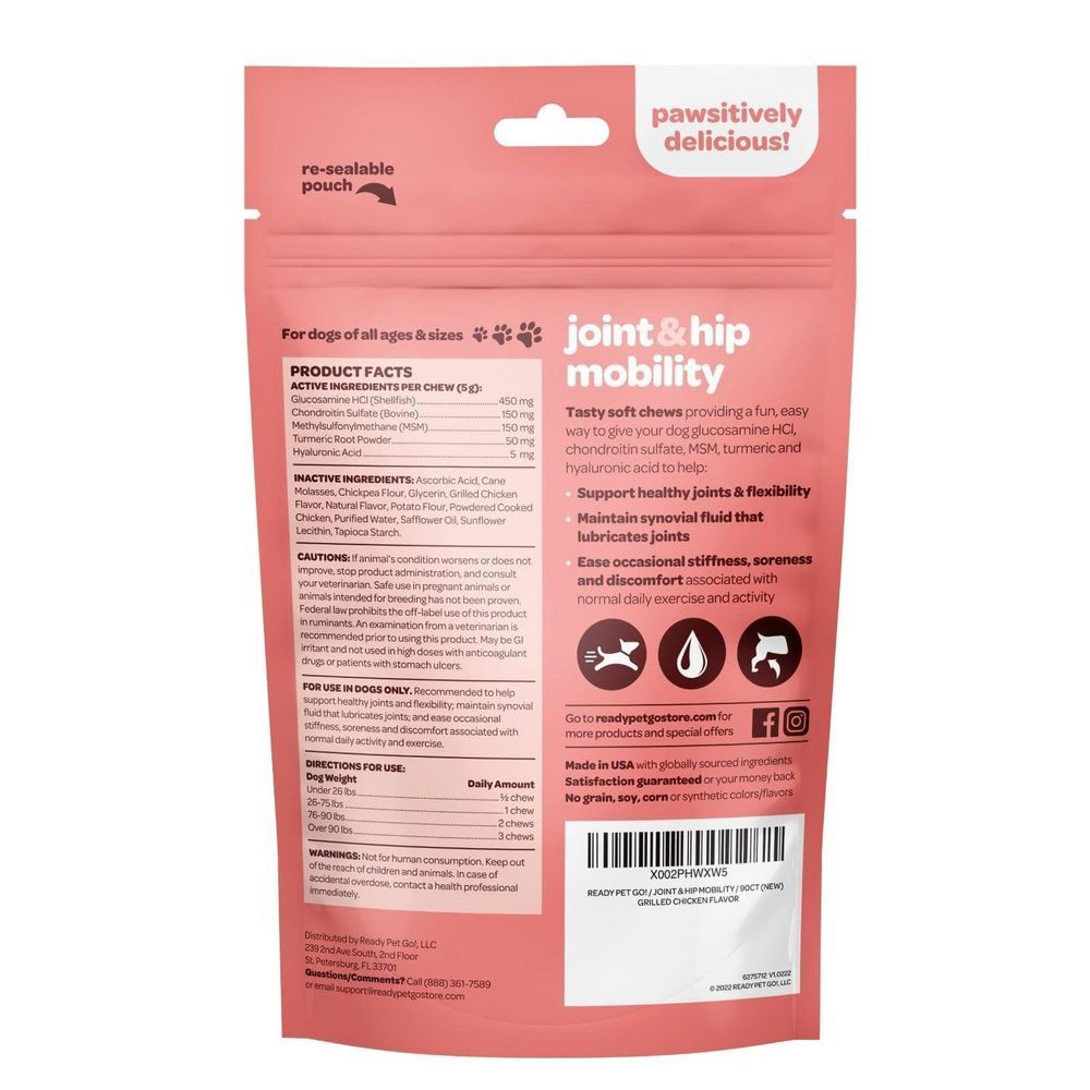 Ready Pet Go Grilled Chicken Joint And Hip Mobility Soft Chews For All Aged Dogs, 60 Count