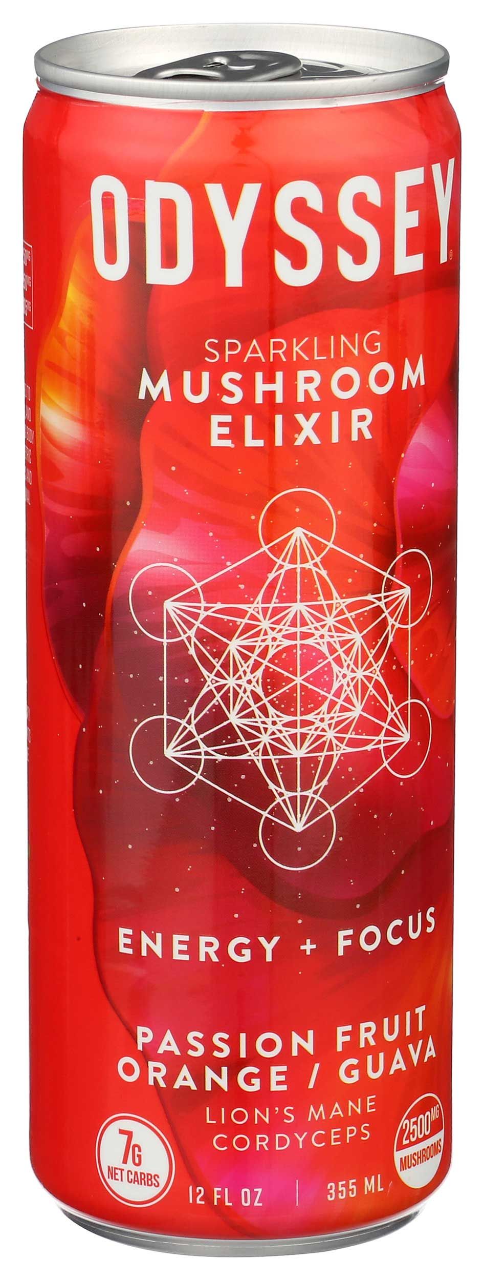 Odyssey Passion Fruit Orange Guava Sparkling Mushroom Elixir Energy Plus Focus Drink, 12 Fluid Ounce -- 12 Per Case