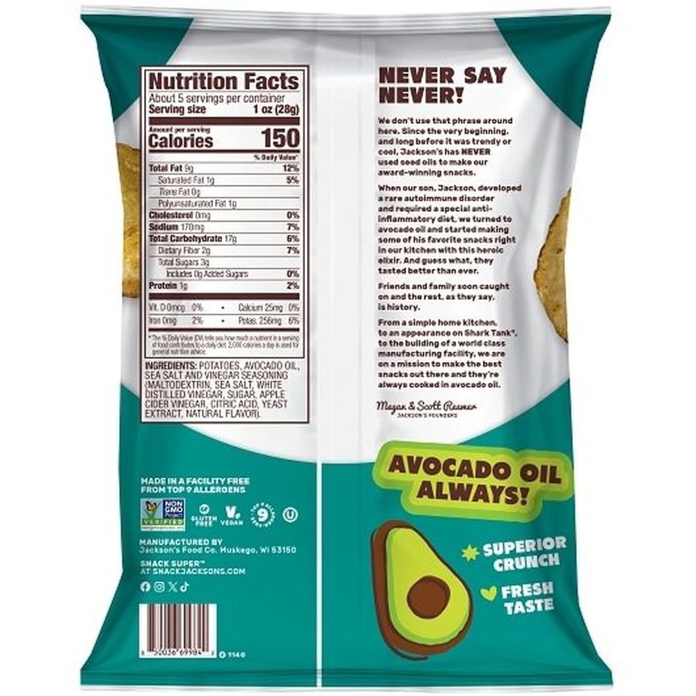 Jacksons Sea Salt and Vinegar Classic Kettle Potato Chips in Avocado Oil, 5 Ounce -- 12 per case