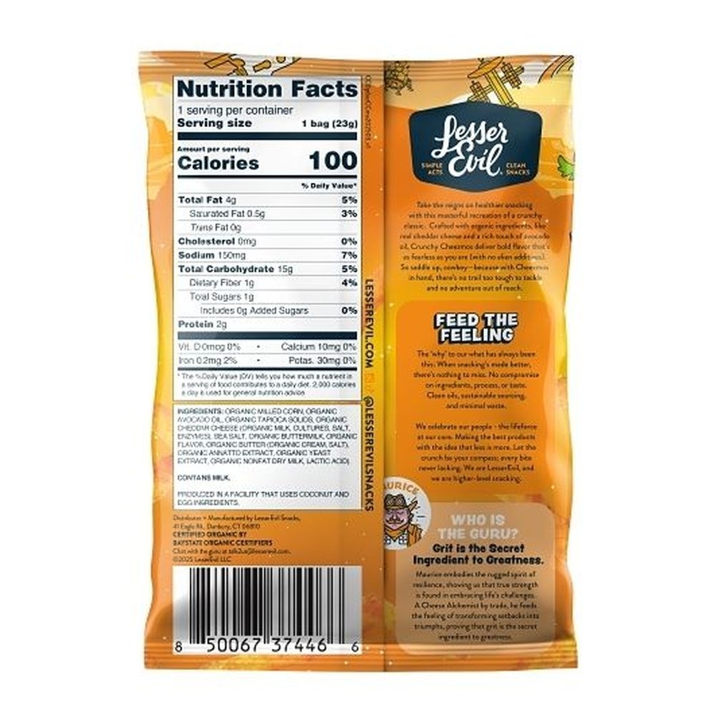 Lesserevil Crunchy Cheezmos Cowboy Cheddar Snack, 0.8 Ounce -- 96 per case