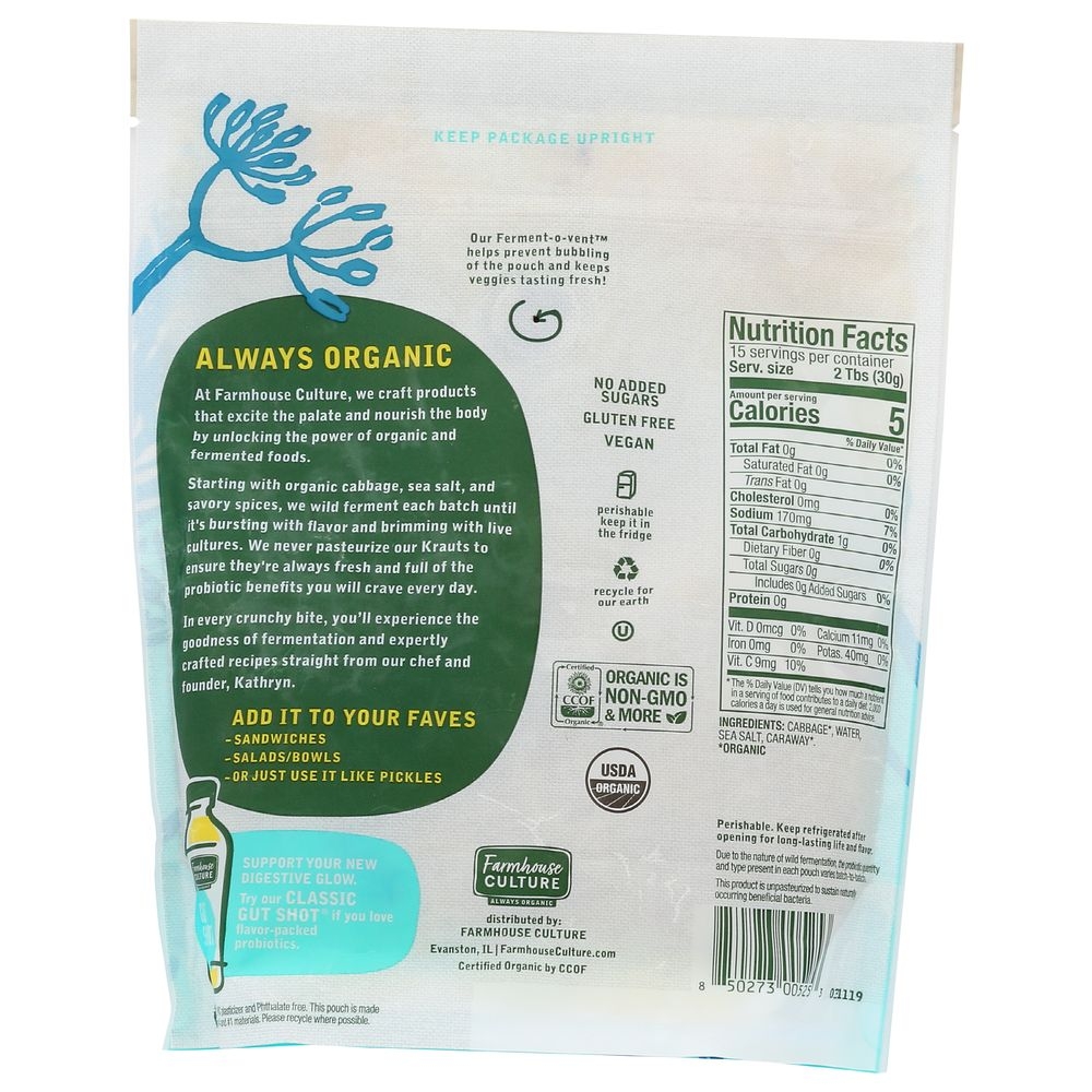 Farmhouse Culture Organic Classic Caraway Kraut, 16 Ounce -- 6 per case.