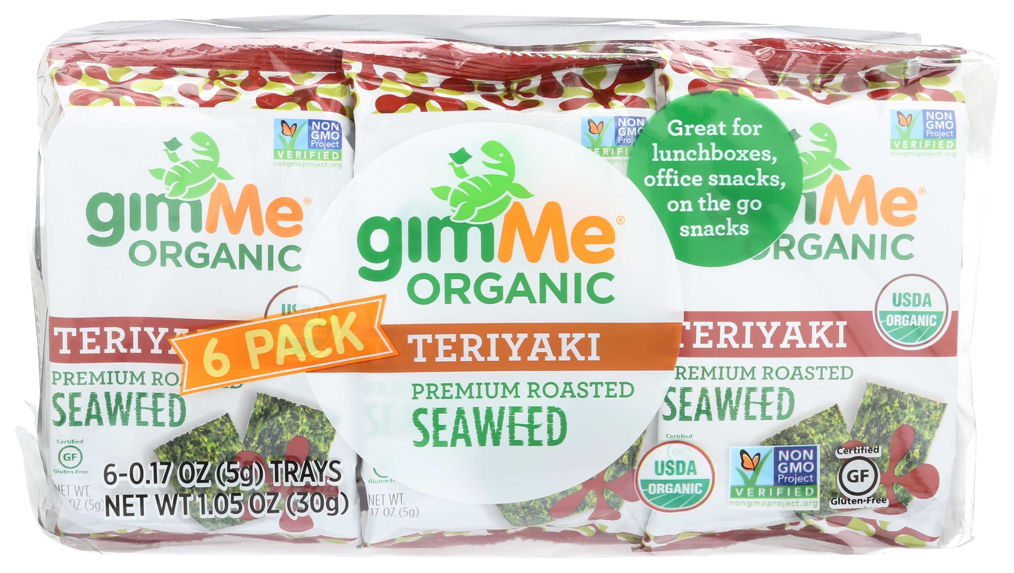 Gimme Organic Teriyaki Roasted Seaweed Snack, 6 count per pack -- 8 per case.