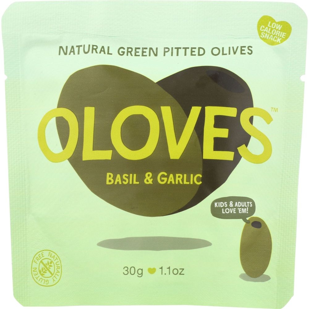Poshi Snacks Basil and Garlic Pitted Green Olives, 1.1 Ounce -- 10 per case