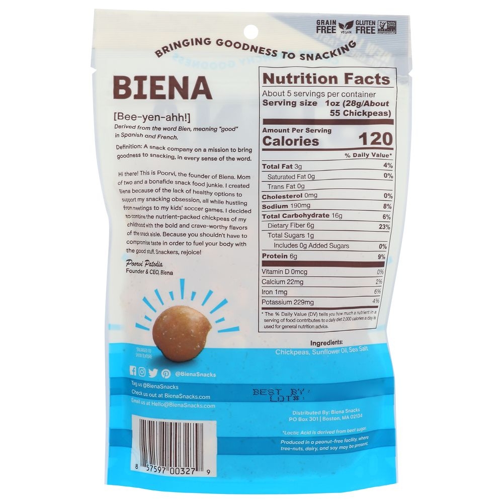 Biena Sea Salt Chickpea Snacks, 5 Ounce -- 8 per case.