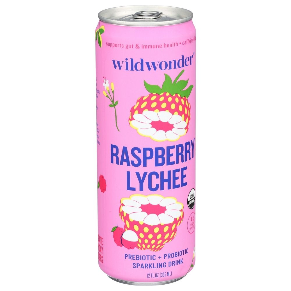 Wildwonder Raspberry Lychee Prebiotic Plus Probiotic Sparkling Drink, 12 Fluid Ounce -- 12 per case