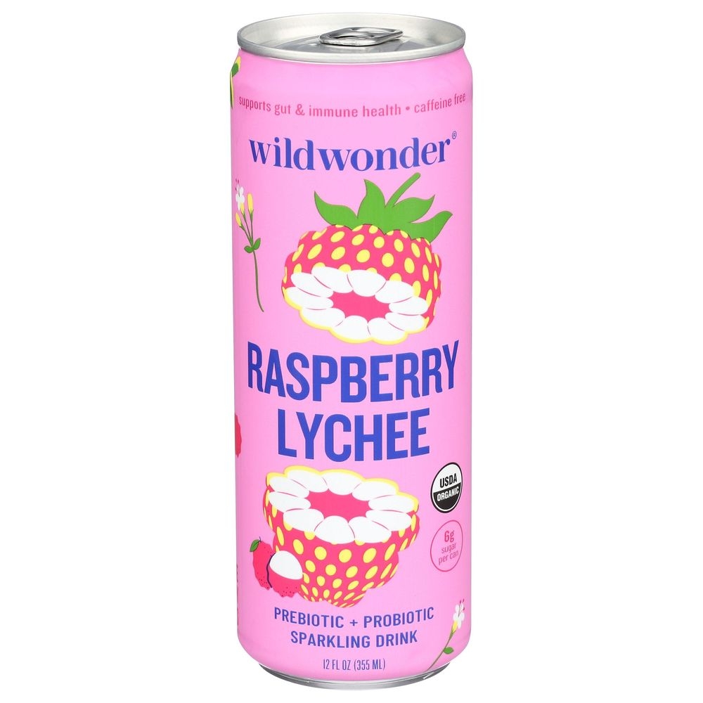 Wildwonder Raspberry Lychee Prebiotic Plus Probiotic Sparkling Drink, 12 Fluid Ounce -- 12 per case
