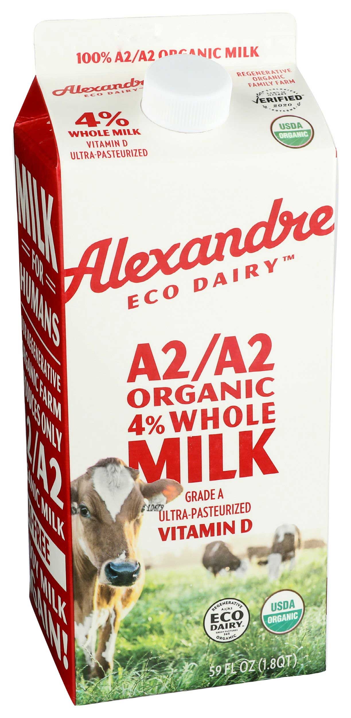Alexandre Eco Dairy A2/A2 Organic 4 Percent Whole Milk, 59 Fluid Ounce -- 6 per case