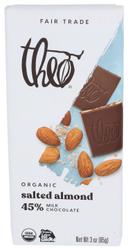 Theo Chocolate Organic Salted Almond 45 Percentage Milk Chocolate Bar, 3 Ounce -- 12 per case.