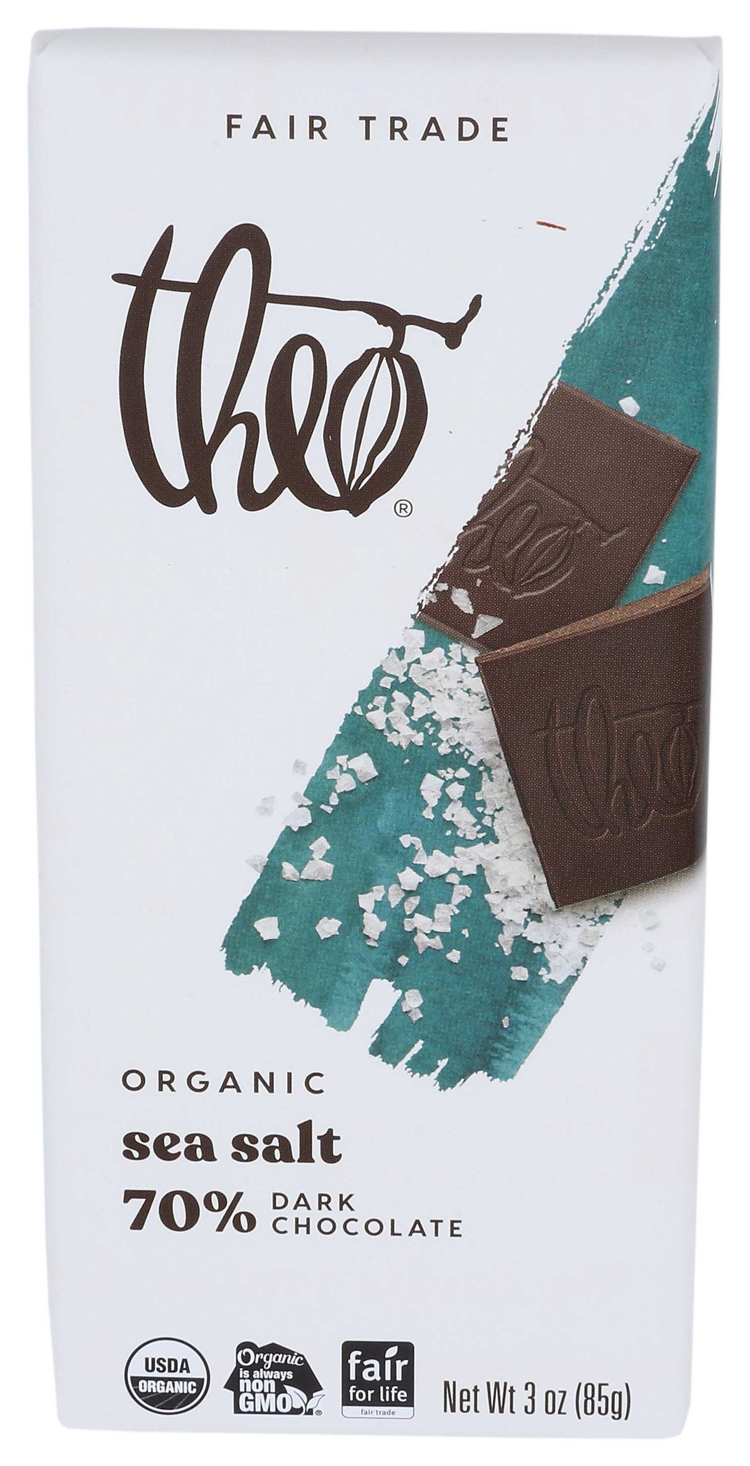 Theo Chocolate Organic Sea Salt 70 Percent Dark Chocolate Bar, 3 Ounce -- 12 per case.