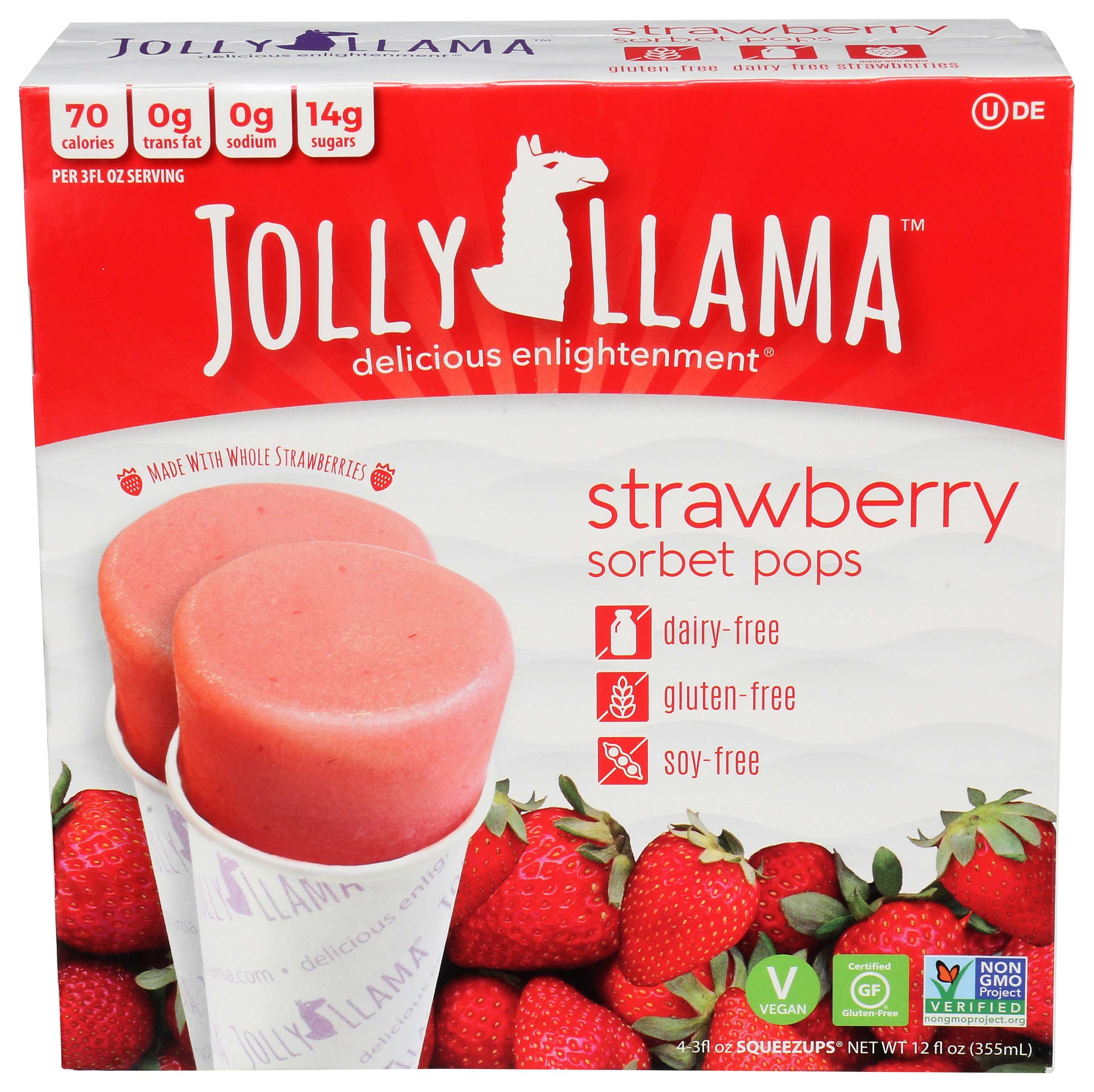 Jolly Llama Strawberry Sorbet Pops, 4 Count -- 6 Per Case