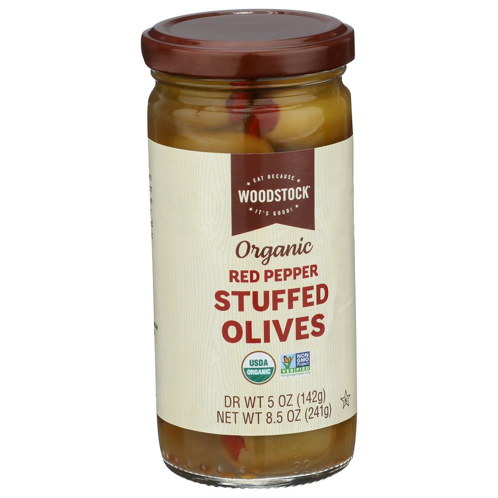 Woodstock Organic Red Pepper Stuffed Green Olives, 8.5 Ounce -- 12 Per Case