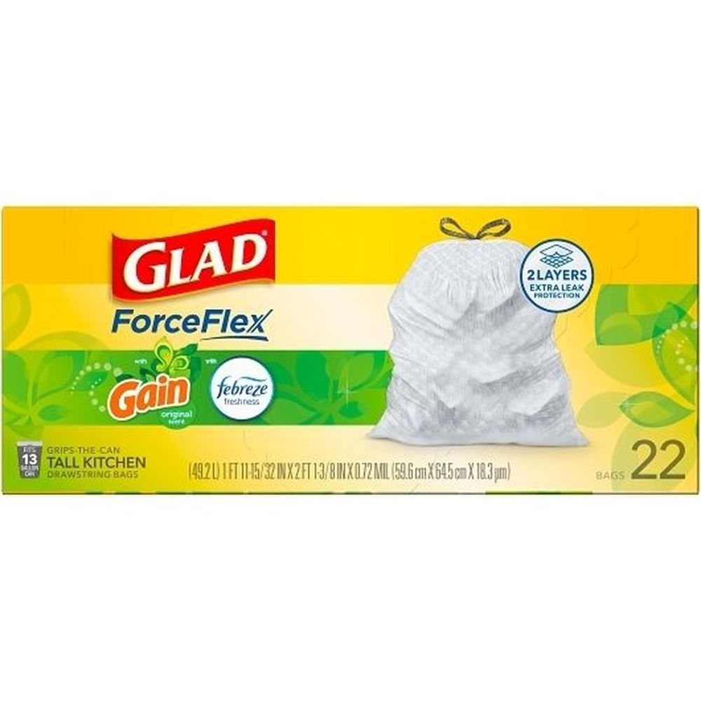 Glad Original with Febreze ForceFlex Tall Kitchen Drawstring Trash Bags, 22 count - 6 per case