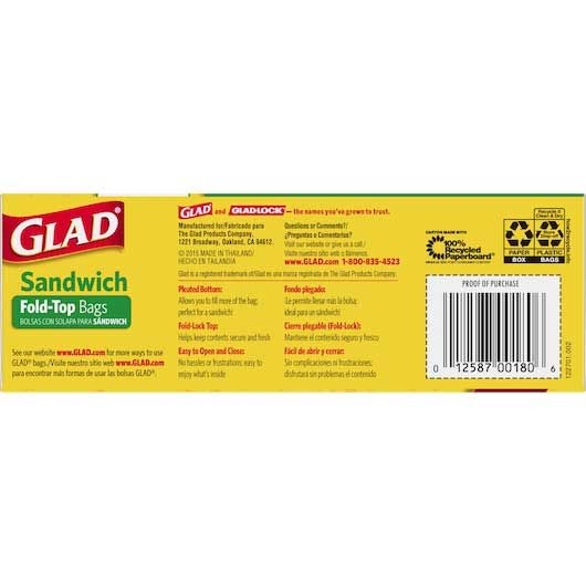 Glad Fold Top Food Storage Sandwich Bag, 180 Count -- 12 Per Case