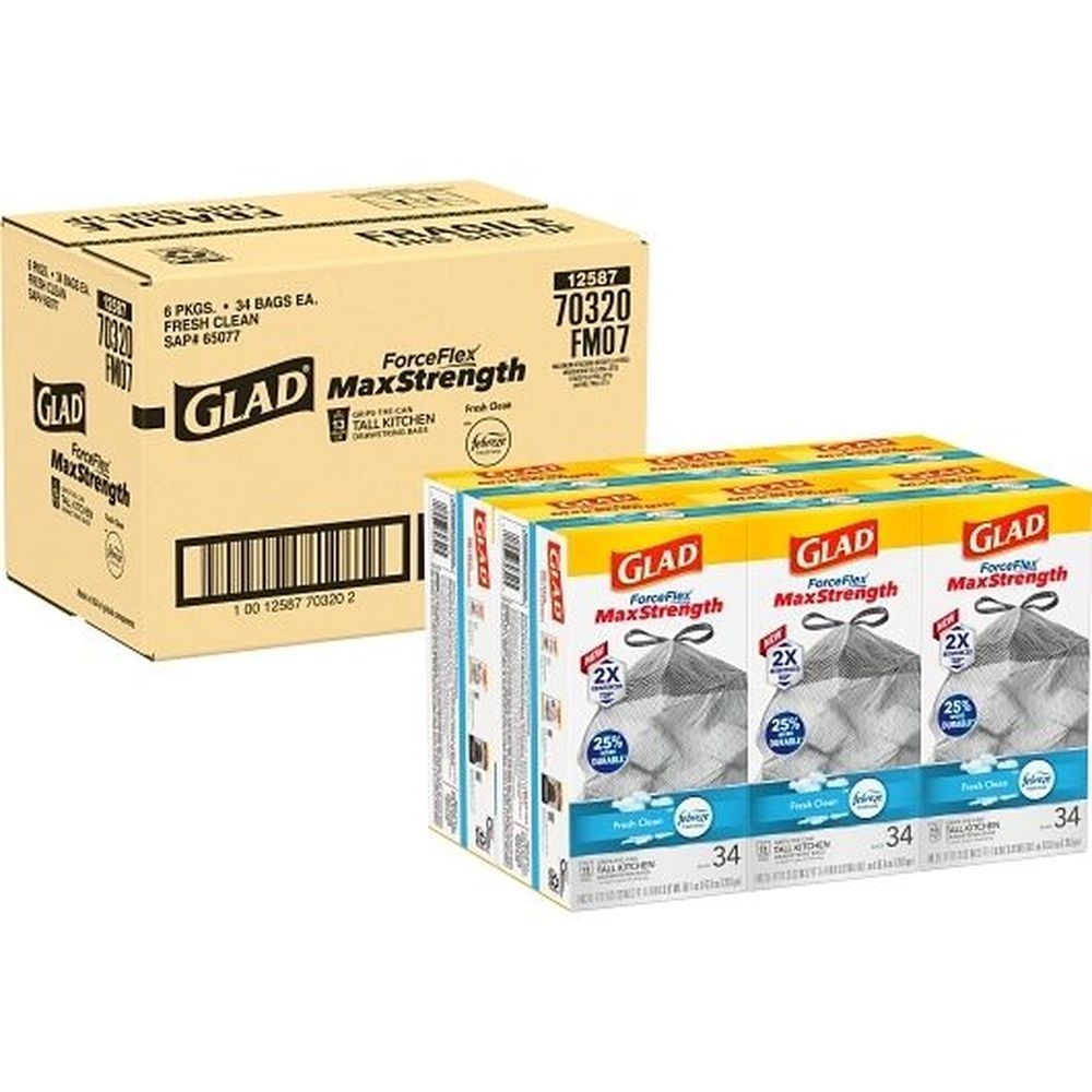 Glad Forceflex Maxstrength Fresh Clean Odor Shield Tall Kitchen Drawstring Bag, 34 count -- 6 per case