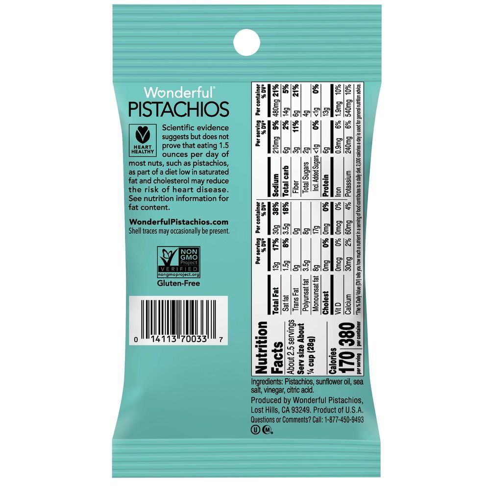 Wonderful Sea Salt And Vinegar No Shell Pistachio, 2.25 Ounce -- 24 Per Case
