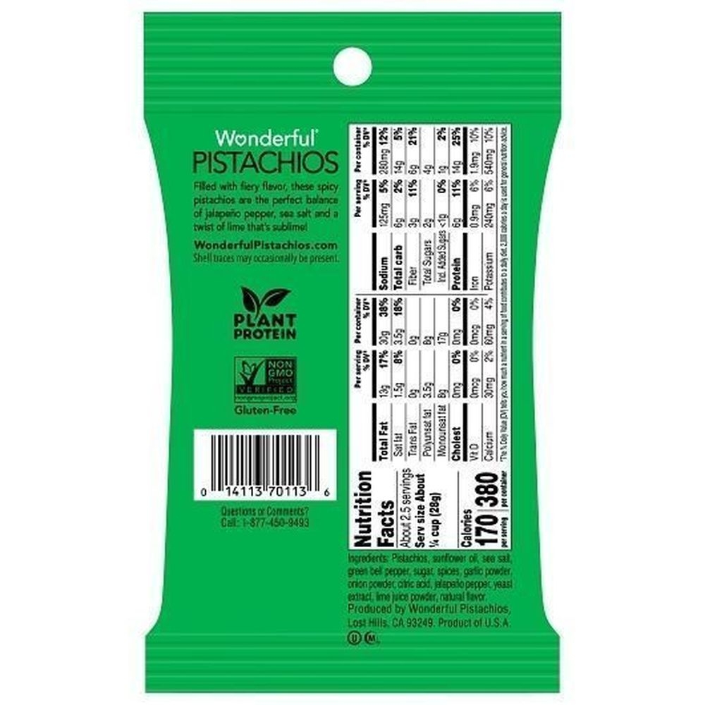 Wonderful No Shell Jalapeno Lime Pistachios, 2.25 Ounce -- 24 per case