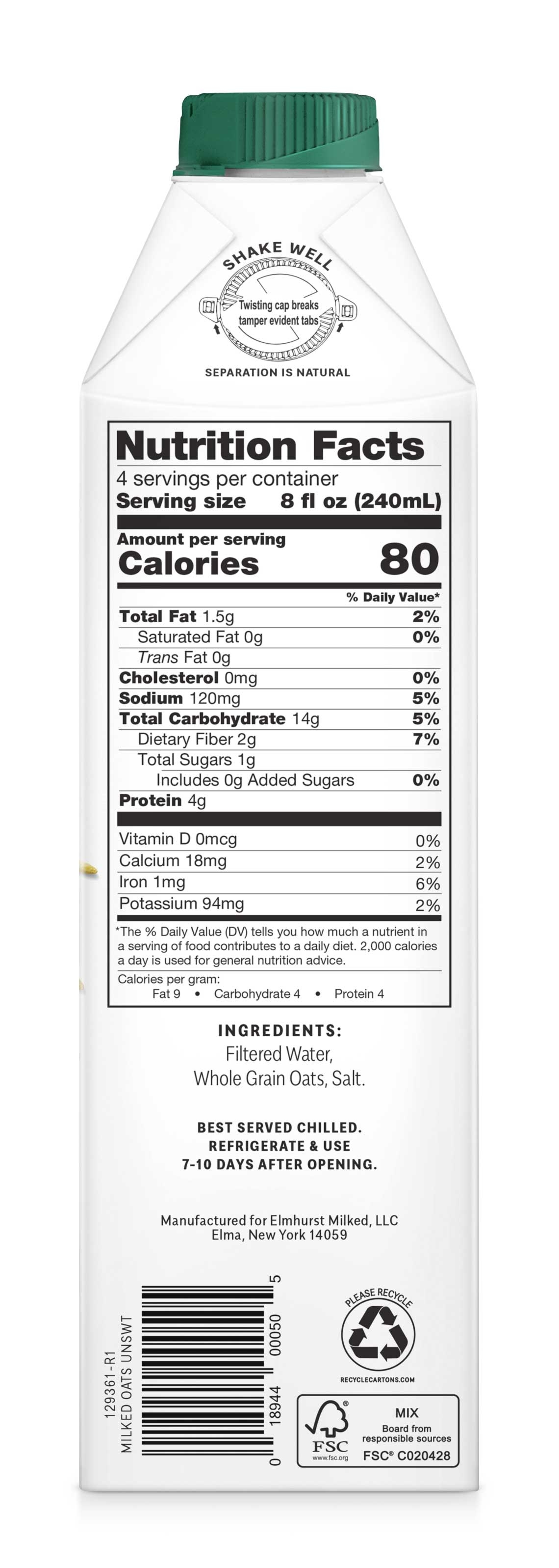 Elmhurst Milked Unsweetened Oats, 32 Fluid Ounce -- 6 per case