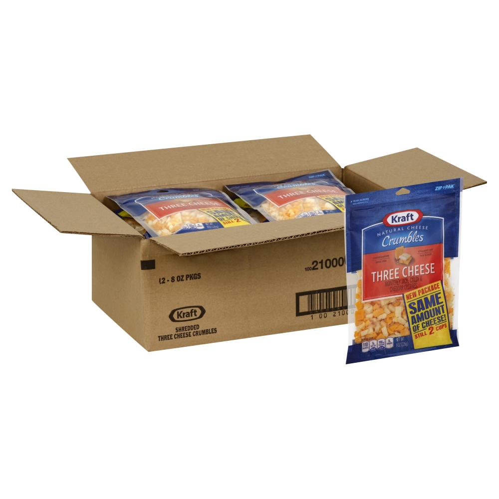 Kraft Zip Pak Natural Crumbles Three Cheese, 8 Ounce -- 12 per case.