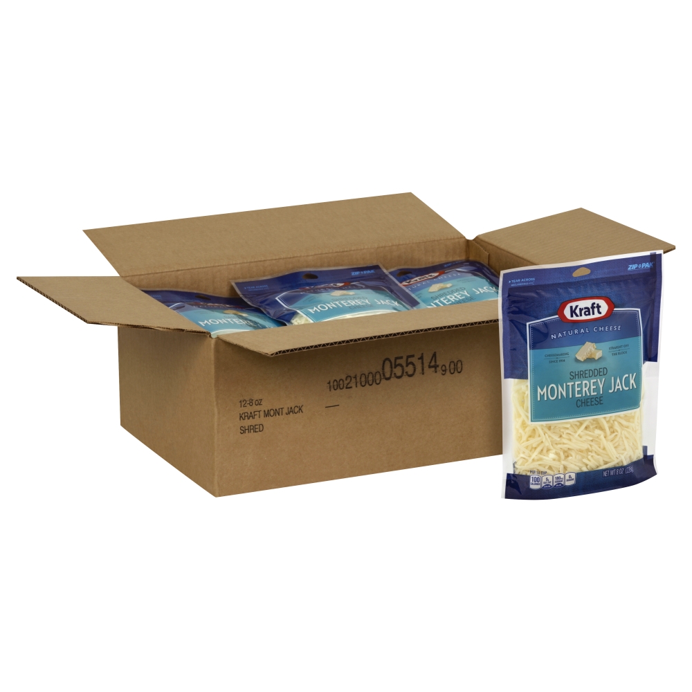 Kraft Zip Pak Natural Shredded Monterey Jack Cheese, 8 Ounce -- 12 per case.