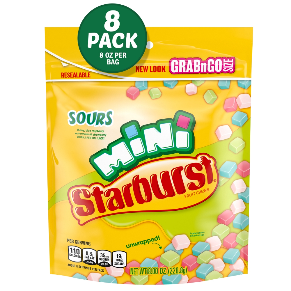 Starburst Sours Minis Fruit Chews - Stand Up Pouch, 8 Ounce -- 8 per case.