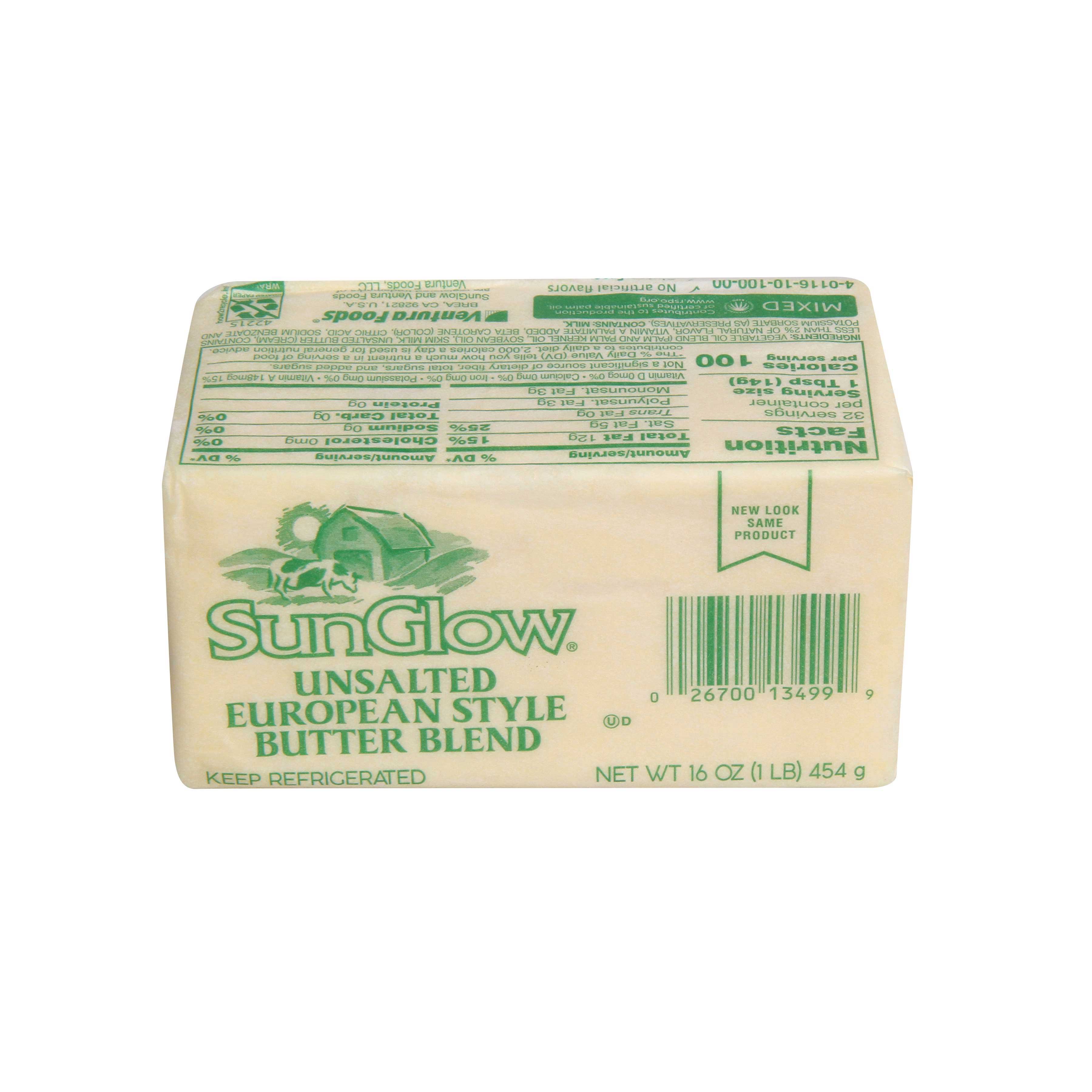 Sunglow Unsalted European Style Butter Blend, 1 Pound Per Brick -- 36 Per Case