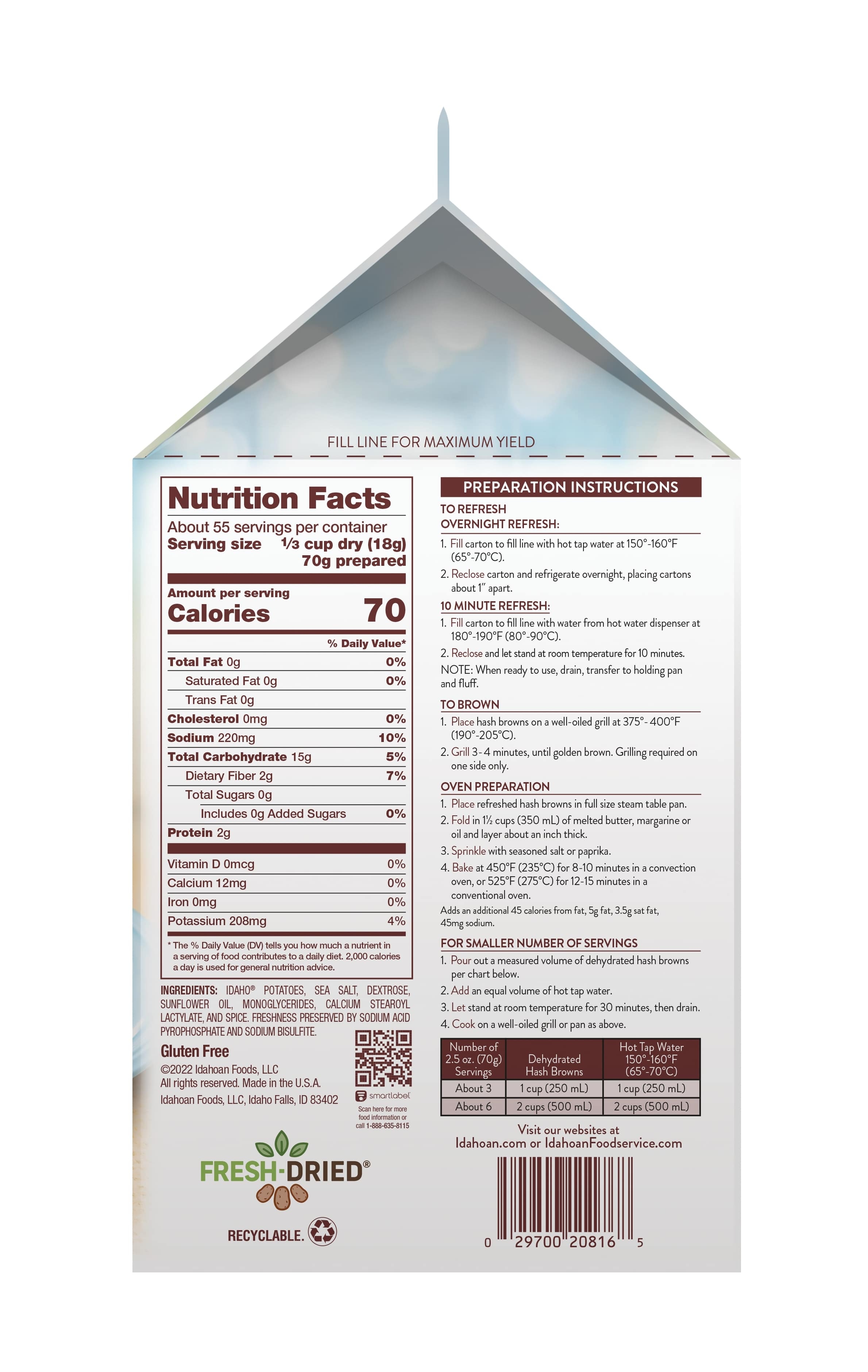 Idahoan Hearty Cut Hash Browns Potatoes, 2.25 Pound -- 6 Per Case
