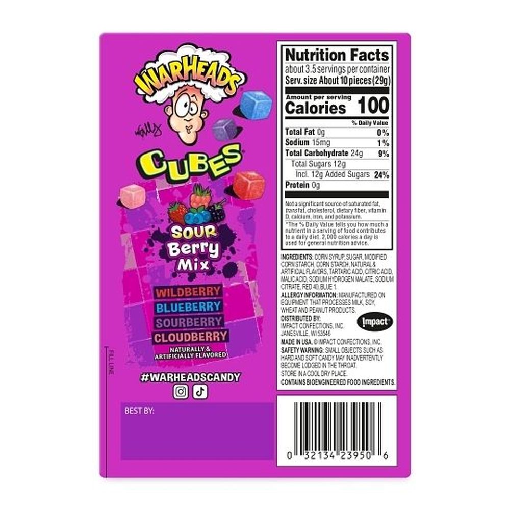 Warheads Berry Mix Cubes Sour Chewy Candy - Theater Box, 3.5 Ounce -- 12 per case