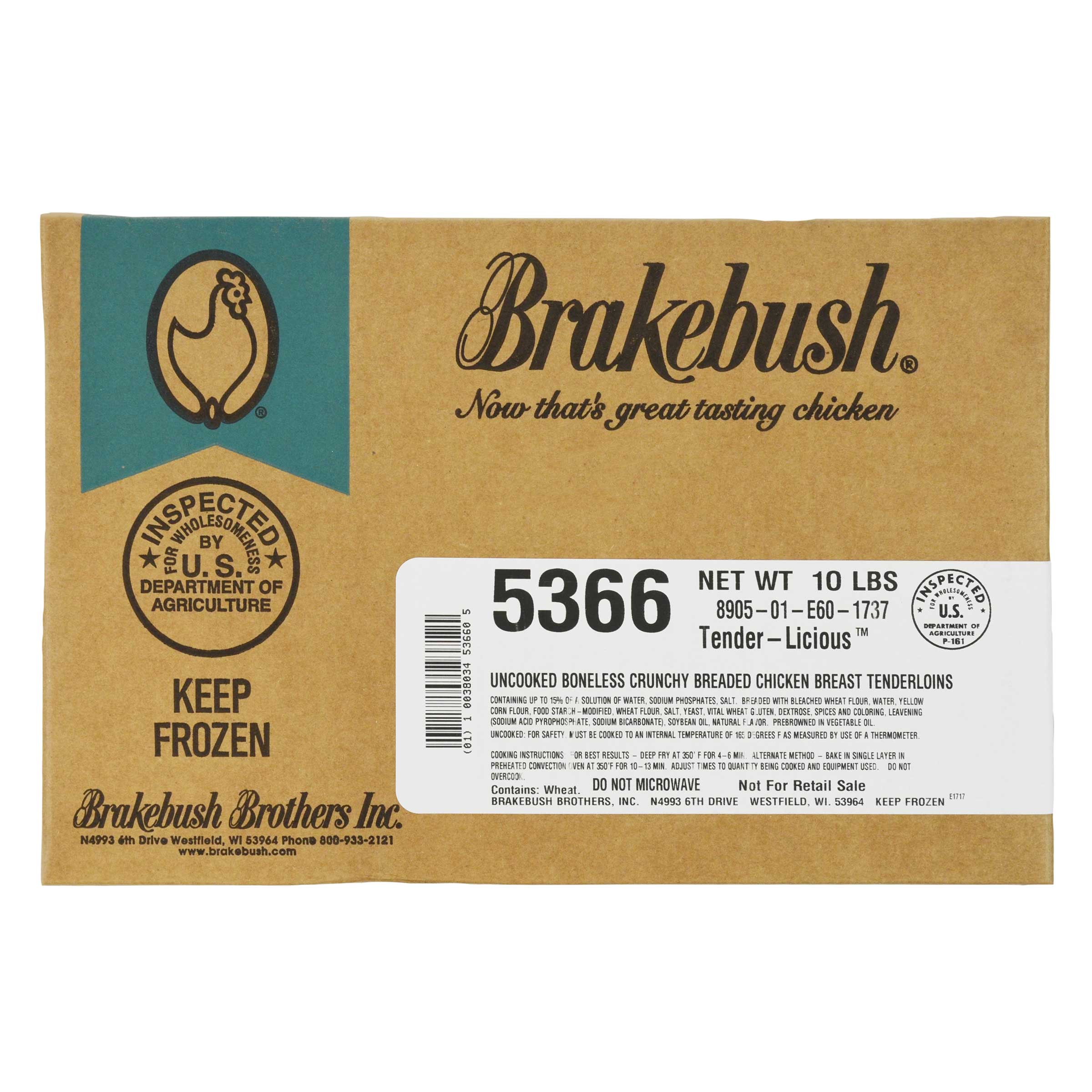 Brakebush Panko Select Sized J Crumb Chicken Tenderloin, 10 Pound.