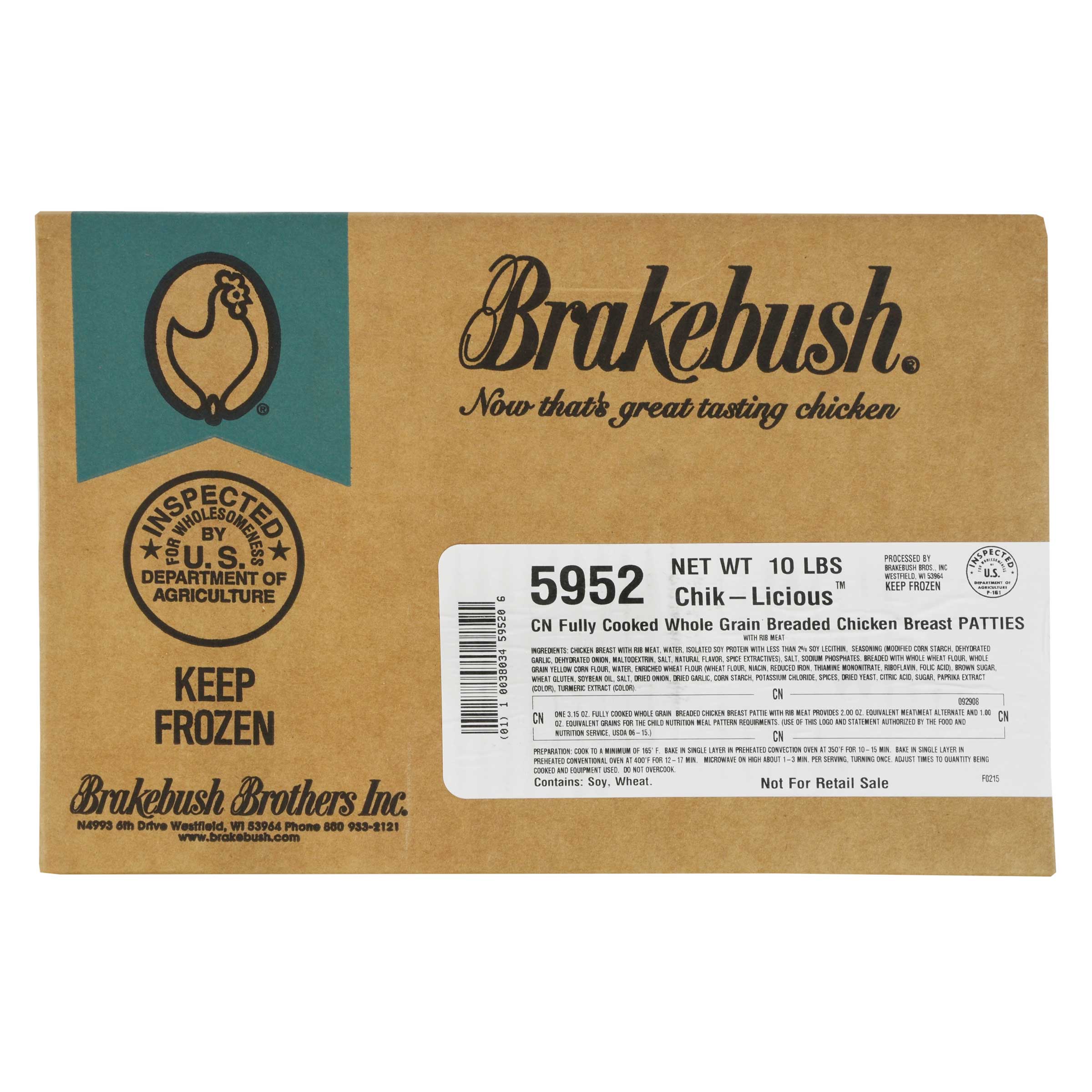 Brakebush Whole Grain Chicken Breast Patties, 10 Pound.