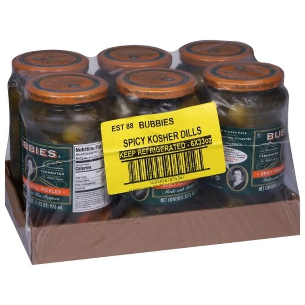 Bubbies Kosher Spicy Whole Dill Pickles, 33 Fluid Ounce - 6 per case