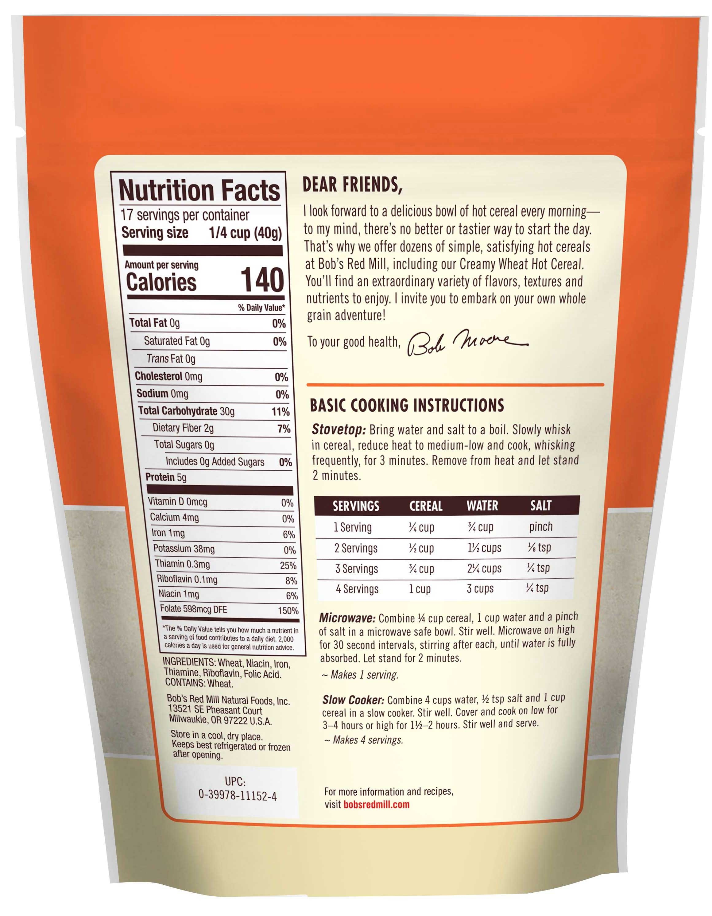 Bobs Red Mill Creamy Wheat Hot Cereal, 24 Ounce -- 4 per case
