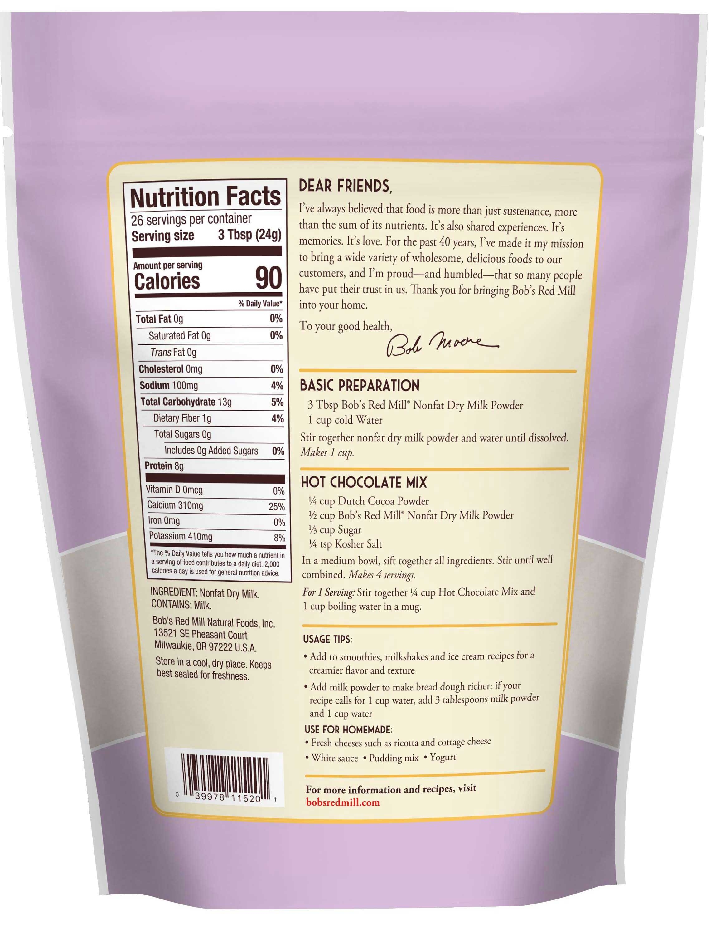 Bobs Red Mill Nonfat Dry Milk Powder, 22 Ounce -- 4 per case