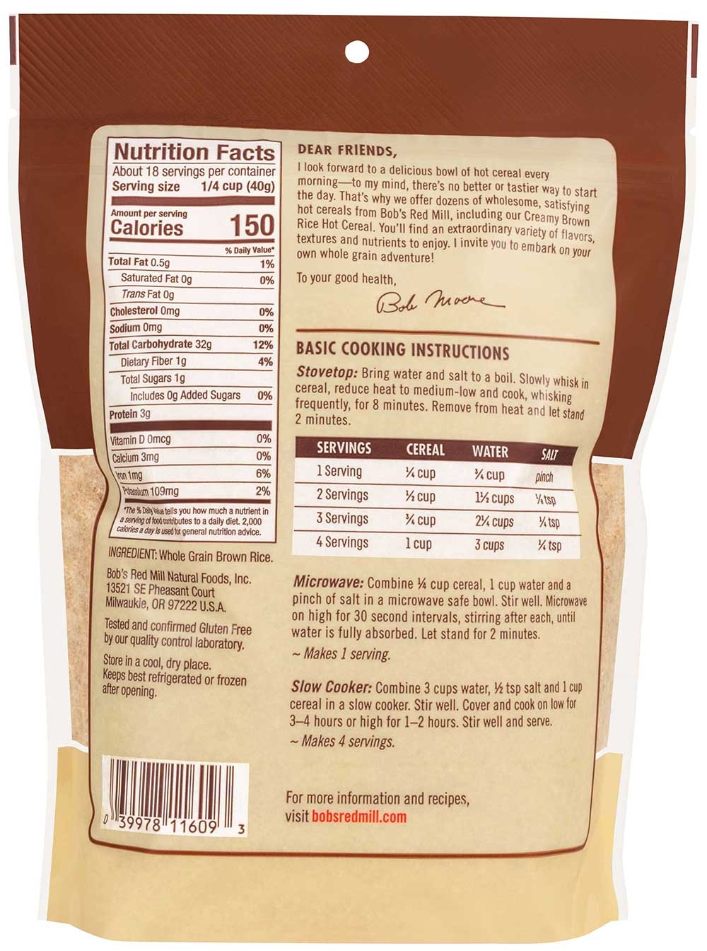 Bobs Red Mill Brown Rice Hot Cereal, 26 Ounce -- 4 per case