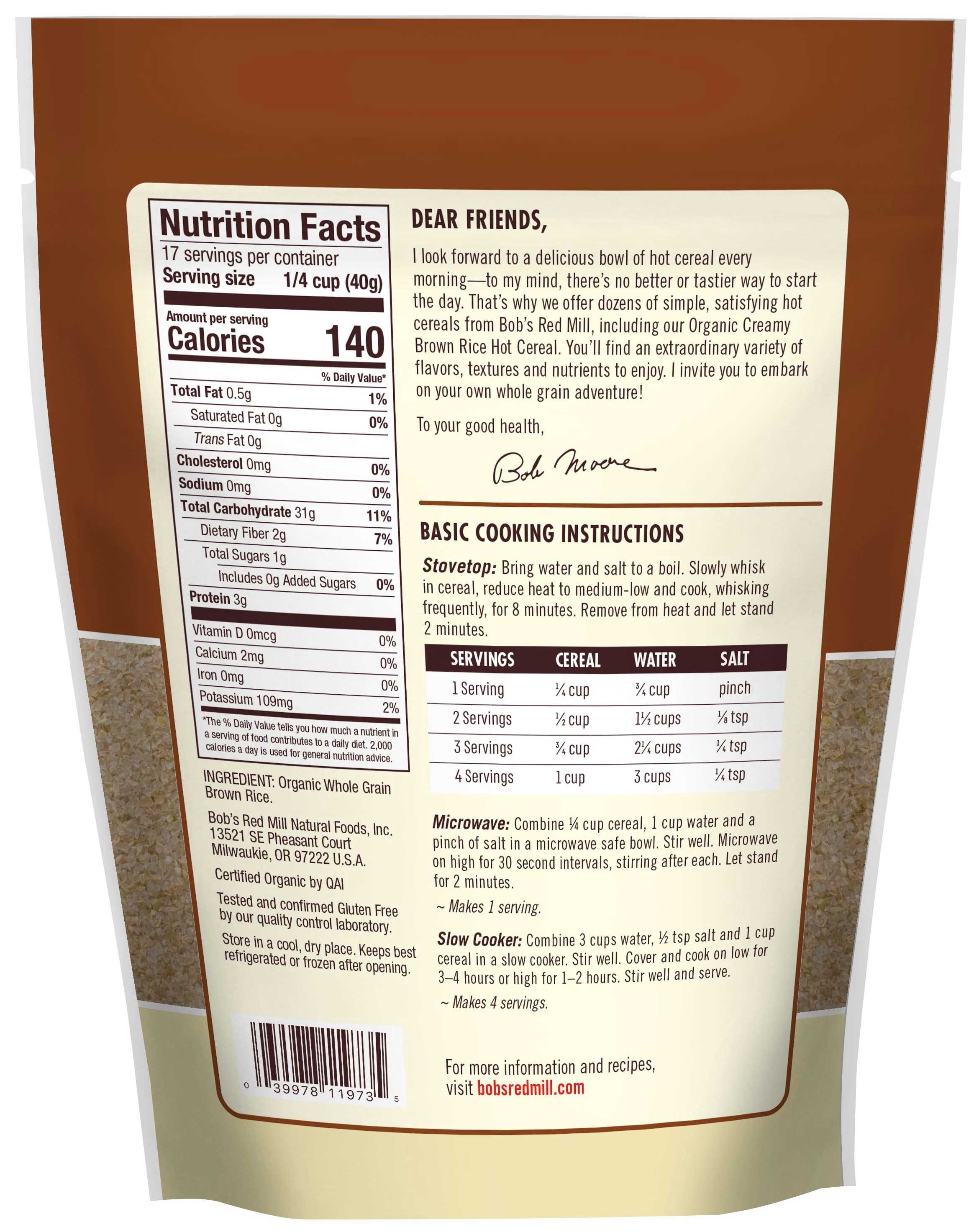 Bobs Red Mill Organic Creamy Brown Rice Hot Cereal, 24 Ounce -- 4 per case