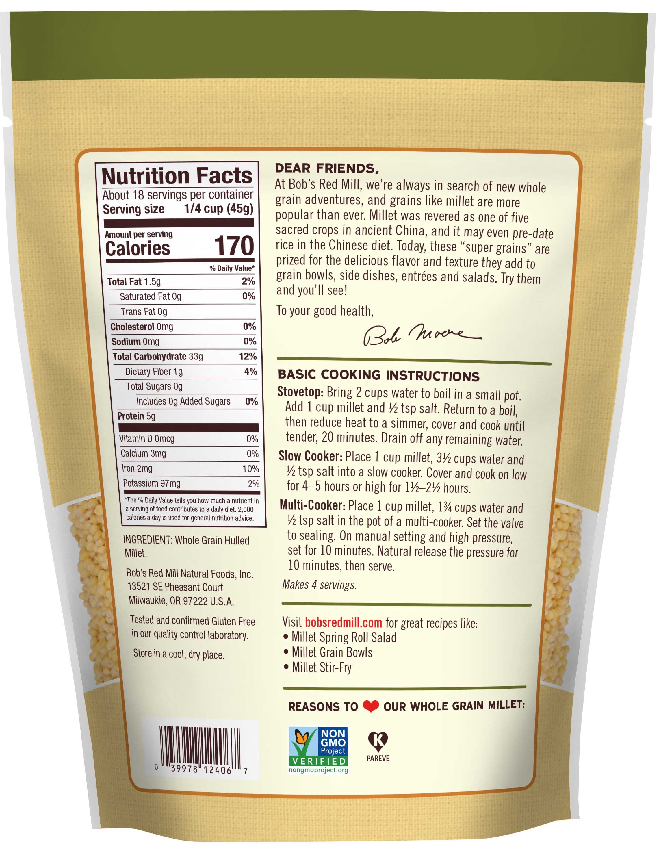 Bobs Red Mill Whole Grain Millet, 28 Ounce -- 4 per case