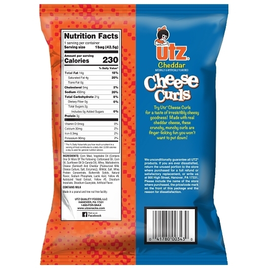 Utz Cheddar Cheese Curls, 1.5 Ounce -- 60 per case