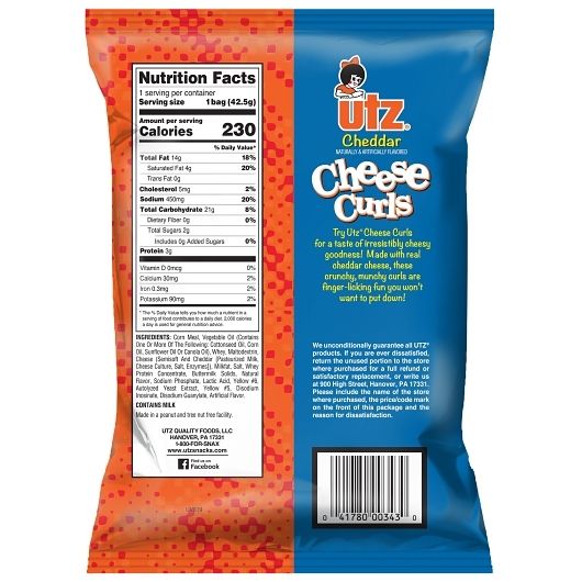 Utz Cheddar Cheese Curls, 1.5 Ounce -- 60 Per Case
