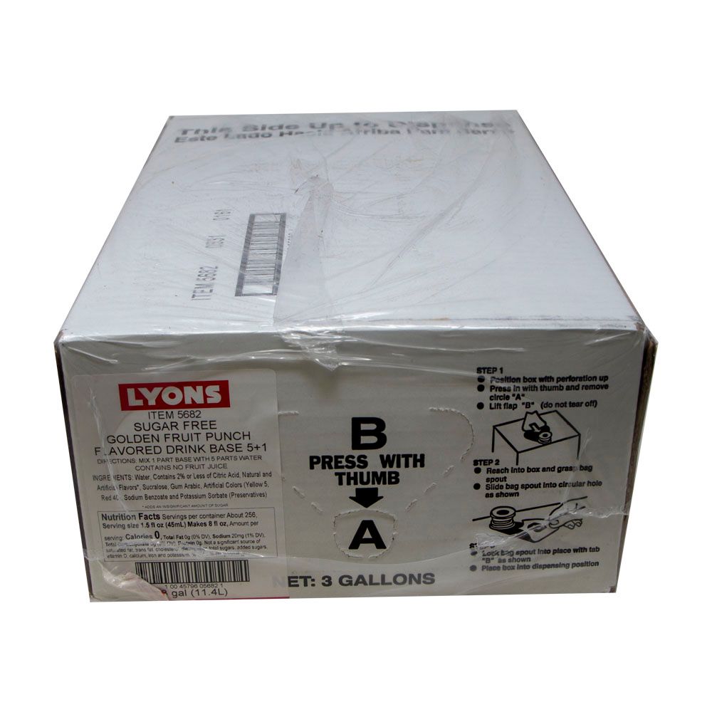 Lyons 5 Plus 1 Sugar Free Golden Fruit Punch Drink Base, 3 Gallon Bib