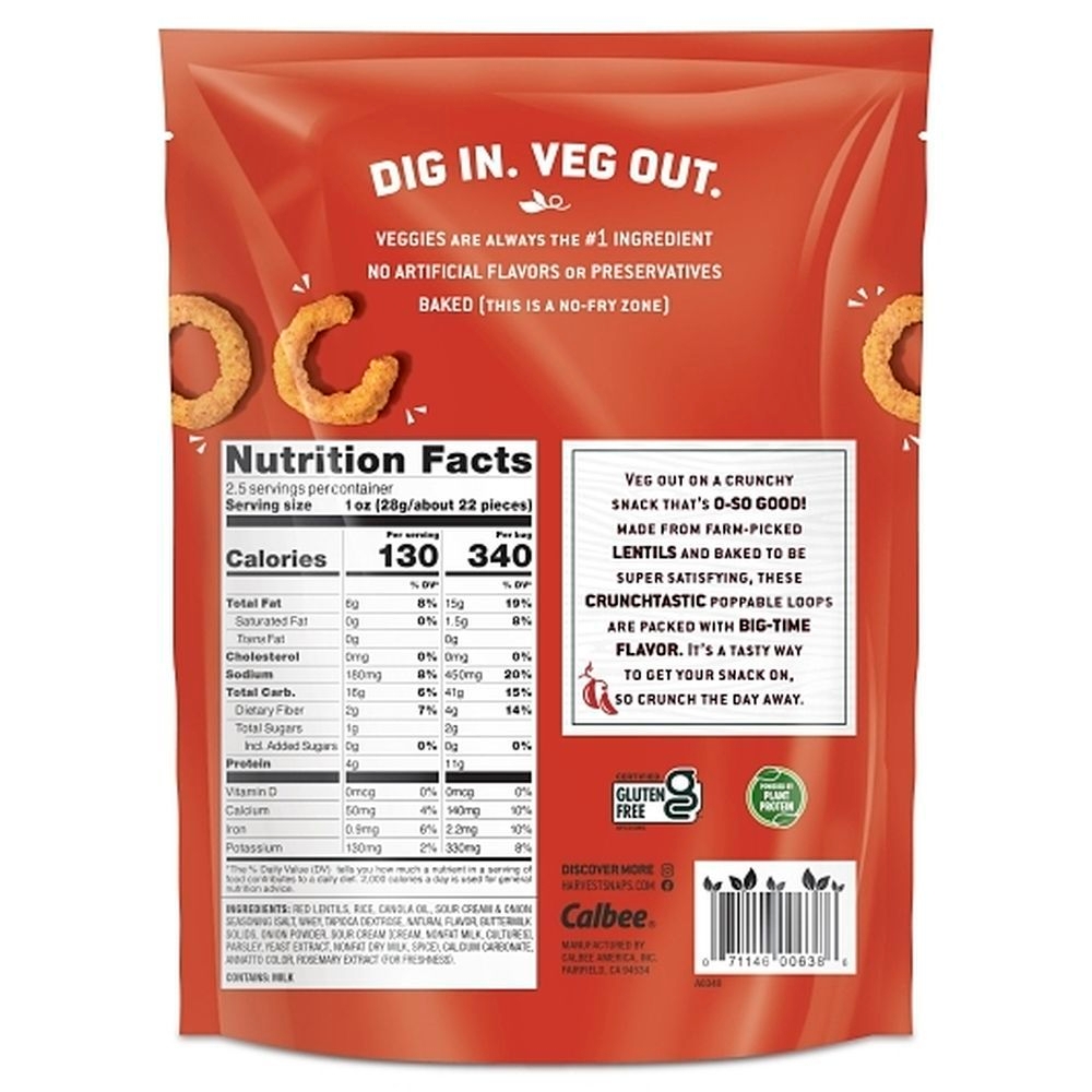 Harvest Snaps Sour Cream and Onion Red Lentil Crunchy Loops, 2.5 Ounce -- 12 per case