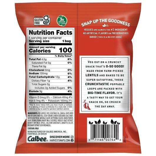 Harvest Snaps Sour Cream And Onion Crunchy Loops, 0.75 Ounce -- 24 Per Case