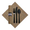 Hoffmaster CaterWrap Pre Rolled FashnPoint 100 Percent Recycled Natural Burlap Print Dinner Napkin and Black Cutlery Kit -- 100 per case.