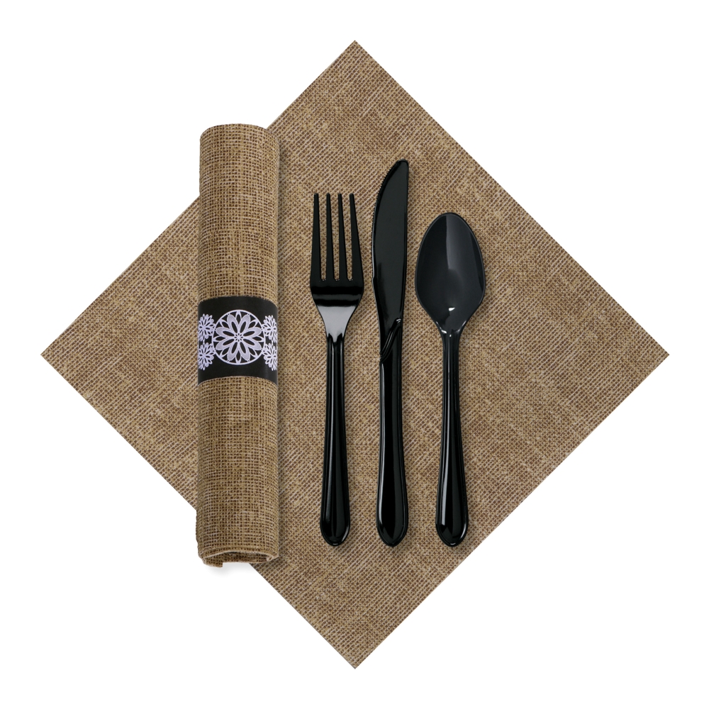 Hoffmaster Caterwrap Pre Rolled Fashnpoint 100 Percent Recycled Natural Burlap Print Dinner Napkin And Black Cutlery Kit -- 100 Per Case