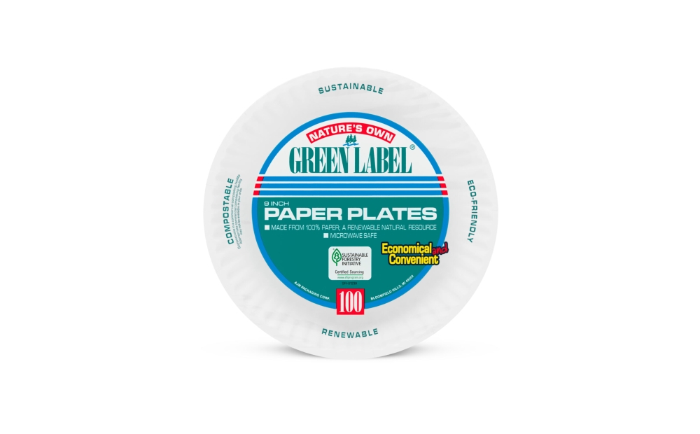 AJM Packaging White Uncoated Green Label Paper Plate, 9 inch -- 1000 per case.