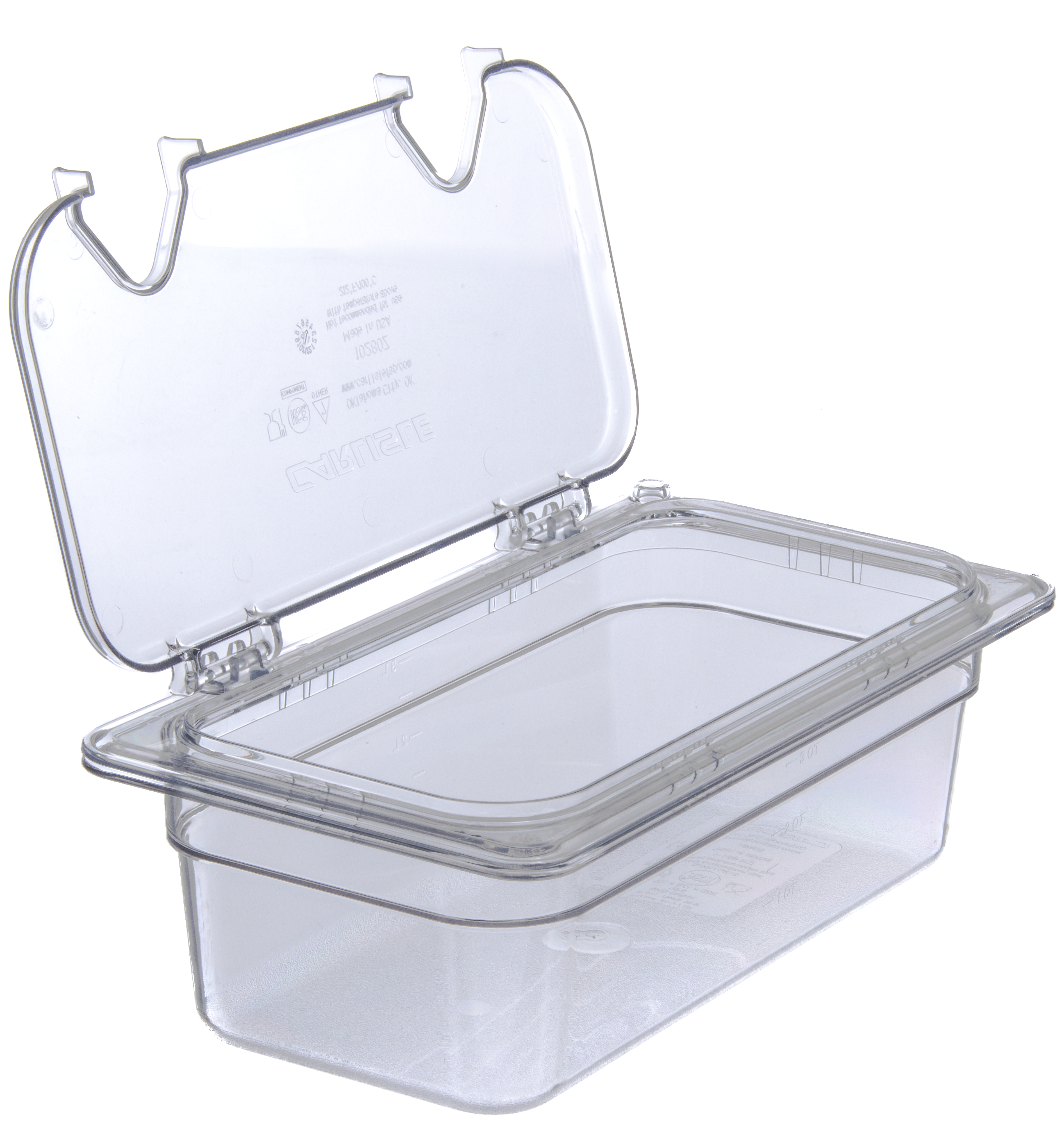 Carlisle StorPlus Clear 1/3 Size Easy Access Hinged Lid Food Storage Container with Two Notches -- 6 per case
